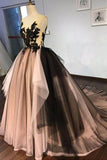 Black Lace V Neck A Line Tulle Formal Prom Dress, Long Lace up Ball Gown Evening Dresses PW294