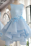 Sky Blue A-line Scoop Neck Satin Tulle Short Flowers Original Mini Dress Homecoming Dress