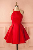 A Line Halter Red Satin Homecoming Dress