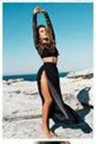 Sexy Black Long Sleeves Slit Two-piece A Line High Neck Lace Chiffon Prom Dress