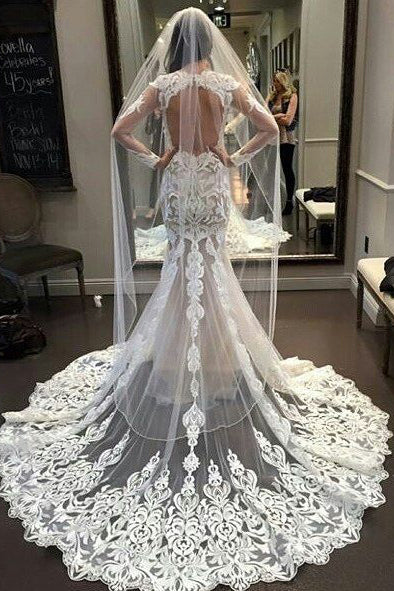 Vintage Long Sleeve Lace Open Back Floor-Length Mermaid Tulle White Wedding Dresses PM620