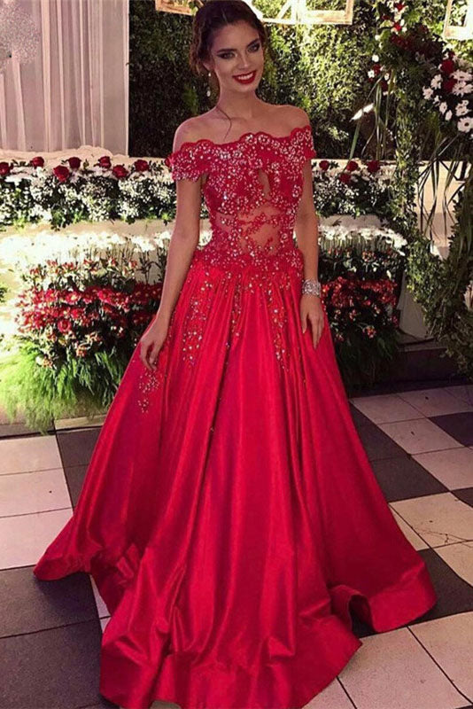 Off the Shoulder Beads Sequins Stretch Satin Cheap Long Red A-line Prom Dresses uk PM302