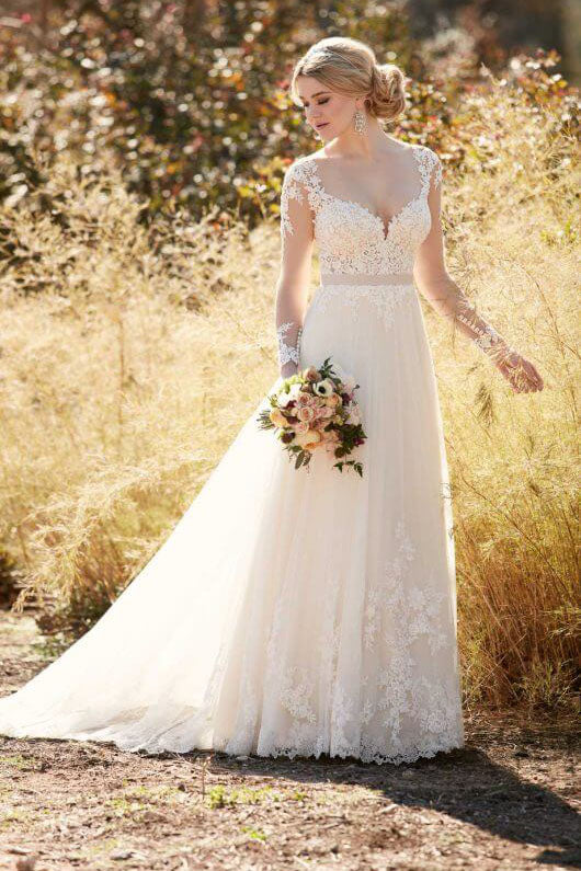 Princess Illusion Lace with Tulle Skirt Long Sleeves Sweetheart Appliques Wedding Dress PM228