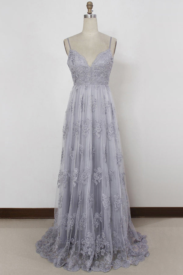 Sheath Spaghetti Straps Sweep Train Backless Lavender Tulle with Appliques Prom Dresses uk