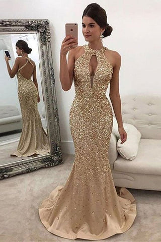 Mermaid Sleeveless Halter Sequins Golden Open Back Sweep Train Satin Prom Dresses PH556