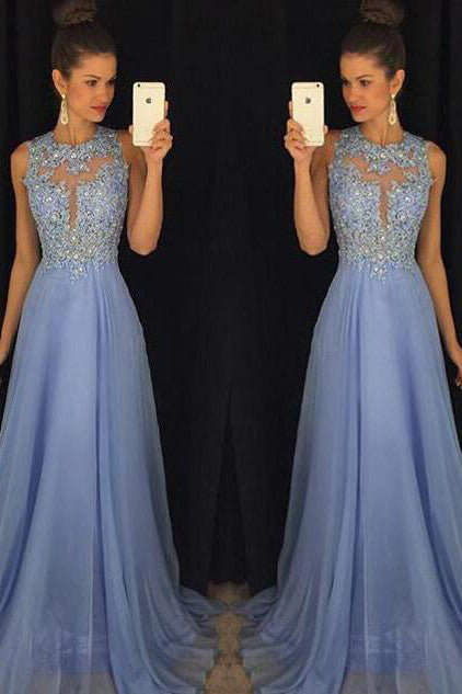 Sky Blue A Line Prom Dresses Tulle Skirt Lace Bodice Prom Gowns PM104