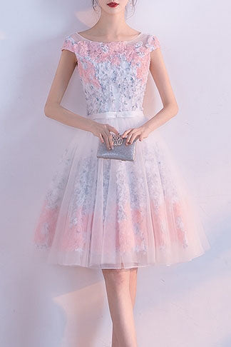 Cute A line Short Appliques Tulle Lace Round neck Knee length Pink Homecoming Dress PM187