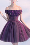 A line Dark Purple Off-shoulder Short Sexy Appliqued Homecoming Dress with Beads PM173
