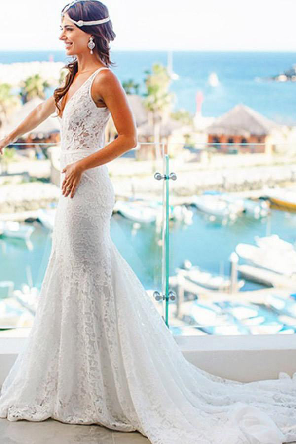 Elegant Mermaid Lace V-neck Court Train Ivory Sleeveless Beach Wedding Dresses UK PH314