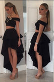 Two Pieces Modern Off the Shoulder A-Line Princess High Low Satin Homecoming Dresses