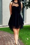 2018 Cute Little Black High Neck Tulle Tea Length Sleeveless Short Prom/Homecoming Dress PH504