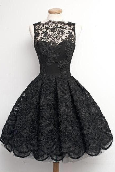 A Line Scalloped-Edge Sleeveless Vintage Black Lace Appliques Homecoming Dress PM869