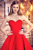 Princess Sweetheart Red Satin with Ruffles Asymmetrical High Low Classic Prom Dresses PM621