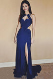 Sexy Royal Blue Chiffon Sleeveless Sweetheart Open Back Split Front Long Prom Dresses uk PH226