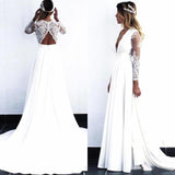 Charming White V Neck Long Sleeves Satin Wedding Dress Long Cheap Bridal Dress W1233