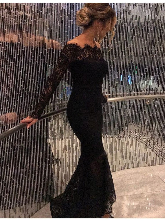 Mermaid Long Sleeves Black Lace Long Evening Dress