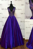 Gorgeous A Line V-Neckline Beaded Royal Blue Sleeveless Floor-Length Prom Dresses PM191