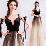 Spaghetti Straps Black Deep V-Neck Formal Dresses Floor Length Tulle Ombre Prom Dresses P1233