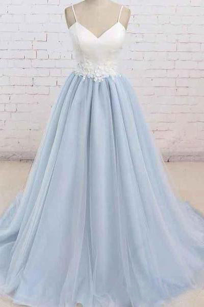 A Line Light Blue Spaghetti Straps Prom Dresses Sweetheart Long Evening Dresses PW602