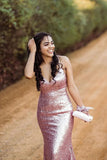 Sparkly Spaghetti Straps Rose Gold V-Neck Prom Dress with Sequins Dance Dress P1392