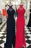 Charming Halter Red and Black Beaded Sleeveless A Line Open Back Sexy Prom Dress uk PM173
