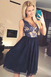 Cute A Line V Neck Open Back Tulle Navy Lace Chiffon Tea Length Short Homecoming Dresses uk PH988