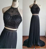 Gorgeous Halter Black Beads Court Train Chiffon Backless Prom Dress