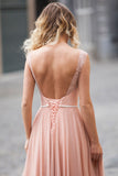 Blush Pink Lace Chiffon Sleeveless Illusion Backless Elegant A Line Long Prom Dresses PH280
