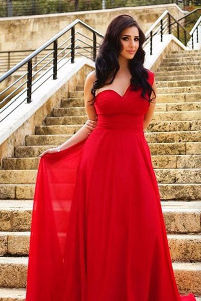 Long Elegant Chiffon A-Line One Shoulder Red Sweetheart Backless Pleat Prom Dresses PH315