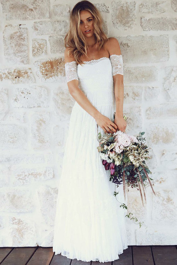 Simple A-Line Off-the-Shoulder Short Sleeves Backless White Lace Boho Wedding Dresses UK PH365