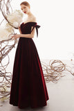 Charming A Line Long Off the Shoulder Burgundy V-Neck Prom Dress with Sweetheart P1389