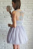 A-Line V-Neck Short Lilac Above Knee Tulle Appliques Homecoming Dress with Lace PM322
