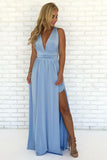 A-Line V Neck Criss Cross Light Blue Chiffon Long Prom Dresses with Split, Formal Dresses P1338