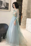 Elegant Long Sleeves Appliqued Tulle Prom Dress Floor Length Appliques Evening Dress P1249