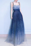 Elegant A Line Royal Blue Straps Floor Length Prom Dresses, Ombre Dance Dresses P1237