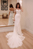 Sheath Off-the-Shoulder White Mermaid Chiffon Lace Appliques Beach Wedding Dresses UK PH328