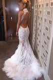 Halter Neck Feather Mermaid Appliques White Evening Dress With Court Train Prom Dresses uk