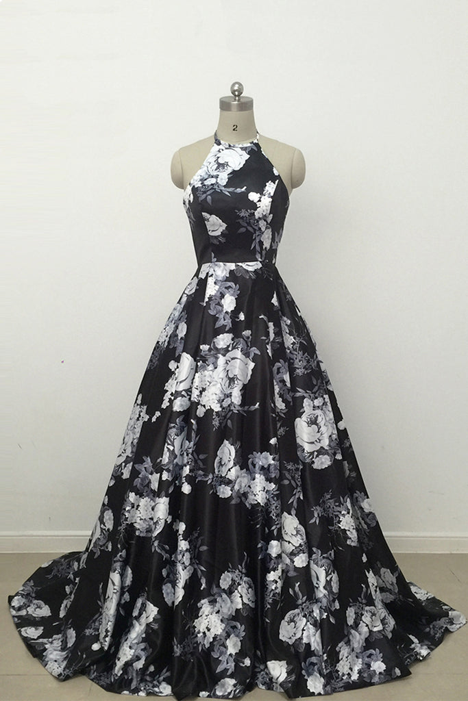 Cute Black and White Floral Satin Halter Vintage Print A-Line High Waisted Prom Dresses uk