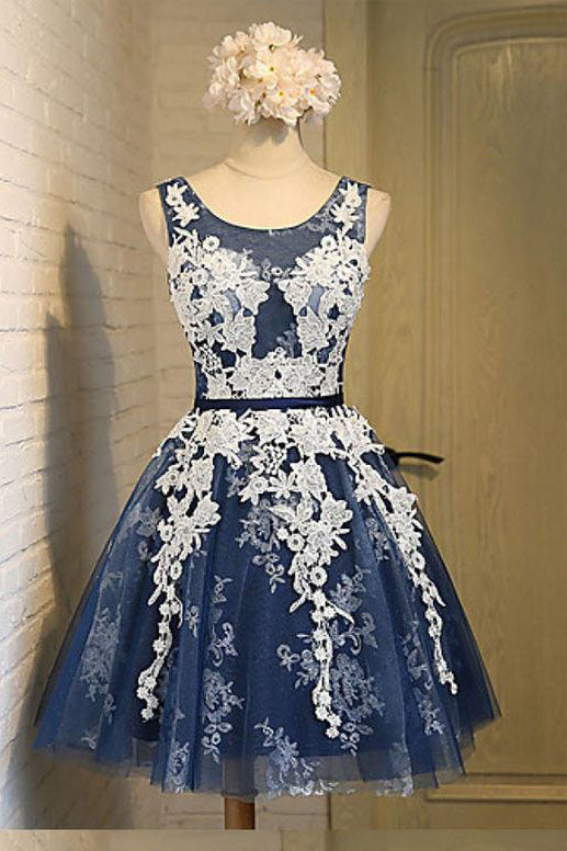 A-line Scoop Knee-length Open Back Navy Blue Organza Homecoming Dress with Appliques PM171