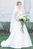 A-Line Sweetheart Court Train Sleeveless White Wedding Dress with Lace Beading PM94