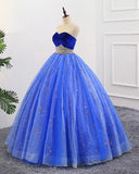 Ball Gown Sweetheart Strapless Blue Prom Dress with Beading Tulle Quinceanera Dress P1354
