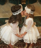 A Line Long Sleeve Lace Flower Girl Dresses Above Knee Scoop Bowknot Baby Dresses PW546