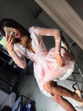 Cute A-line Long Sleeves Pink Short Lace Appliques V-Neck Homecoming Dress PM45
