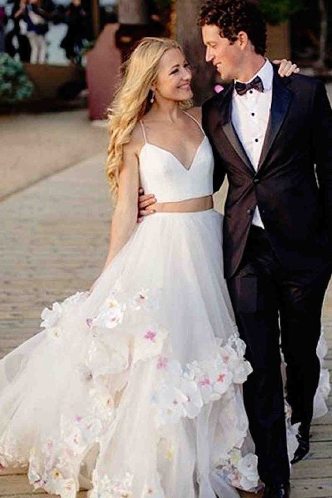 Stylish A-Line Two Piece Spaghetti Straps V-Neck Tulle Long Wedding Dresses with Flowers PH289