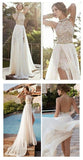 2017 Sexy Lace Backless Long Chiffon High Neckline Halter Side Slit Prom Dress uk Wedding Dress