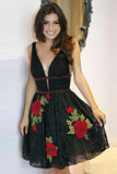 Flower Embroidered Junior V Neck Homecoming Dresses Short Black Lace Hoco Dresses PW956