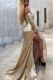 Sexy Mermaid Off the Shoulder Sequins Long Sleeves Evening Dress with Split P1441