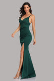 Spaghetti Straps Green Side Slit Mermaid Prom Dresses Sexy Beads V-Neck Formal Dresses XU90815