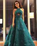 Unique A Line Green Halter Beading Satin Long Prom Dresses Cheap Evening Dresses P1379