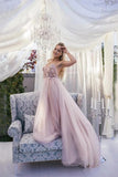 Elegant A Line Spaghetti Straps V Neck Prom Dress With Handmade Flowers, Bridesmaid Dress W1429